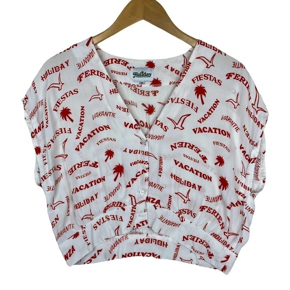 Holiday By Emma Mulholland Layover Button-Down Red & White Cropped Blouse-Medium - Picture 1 of 6